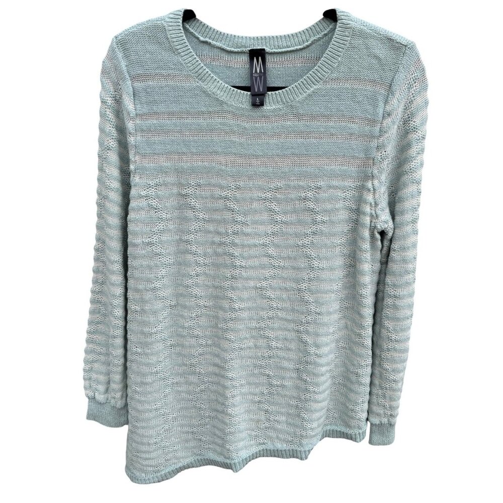 Marla Wynne Coastal Cotton Linen Striped Asymmetrical Hem Sweater Green Womens L